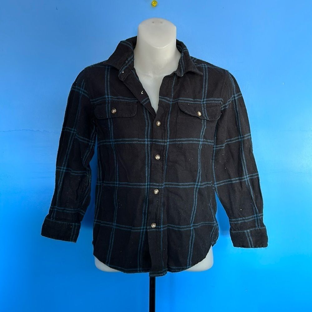 Old Navy Boy's Black Plaid Flannel Shirt Button Down Size Medium